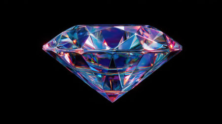 This image captures a breathtaking close-up of a transparent diamond that showcases brilliant reflections against a black background, highlighting its exquisite facets.の素材