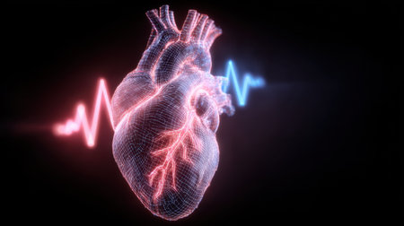 This striking digital illustration features a heart model intertwined with a pulse line, showcasing vitality and health. The vibrant blue and red colors stand out against a dark background, enhancing the futuristic feel. This artwork embodies the essence of life and modern medical concepts.の素材