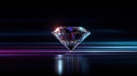 A beautifully crafted crystal diamond reflects vibrant colors against a dark background, creating an elegant and luxurious abstract composition that captivates.の素材
