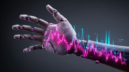 A sophisticated robotic hand showcases a vibrant digital heartbeat graph, representing the intersection of technology and health innovation in today's world.の素材