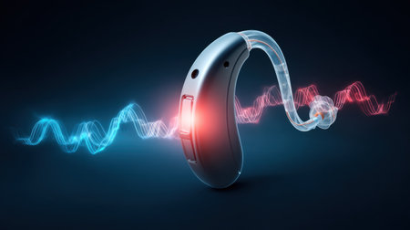 A modern hearing aid showcased with sound waves in vibrant colors against a dark background, emphasizing its role in enhancing audio and communication.の素材