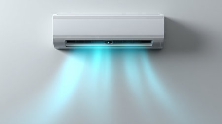 This image features a sleek modern air conditioner mounted on a wall, showcasing cool blue air flow ideal for summer comfort in contemporary living spaces.の素材