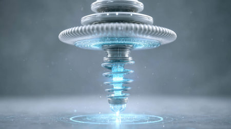 This image depicts a futuristic metallic structure rotating above a glowing blue energy stream, embodying technology and innovation in a minimalist environment.の素材