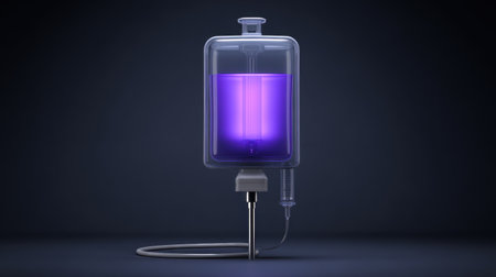 A transparent IV bag filled with a vibrant purple fluid, set against a dark background, illustrating medical concepts in healthcare and patient treatment.の素材