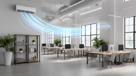 A sleek and modern office interior featuring air conditioning, ample natural light, and stylish furnishings promoting an efficient work environment.の素材