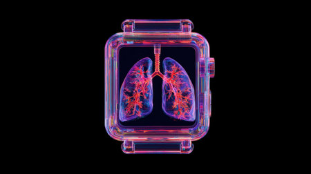 This captivating artwork features a pair of lungs creatively designed within a transparent smartwatch, showcasing a blend of vibrant neon colors.の素材