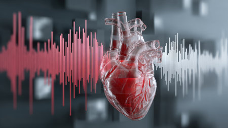 This illustration features a detailed anatomical heart model surrounded by sound waves, symbolizing the connection between cardiovascular health and technology.の素材