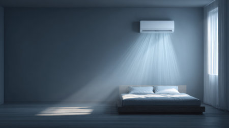 This modern bedroom interior showcases minimalist decor with an air conditioning unit and soft natural light. Perfect for relaxation and comfort.の素材