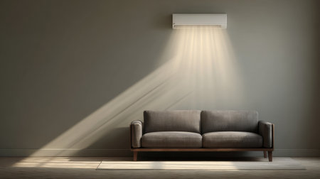 This image showcases a cozy living room featuring a modern sofa bathed in soft sunlight. An air conditioning unit adds a contemporary touch, enhancing the serene atmosphere.の素材