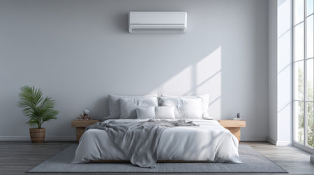 A stylish minimalist bedroom featuring a comfortable bed, air conditioning unit, and large windows that invite natural light, creating a serene atmosphere.の素材