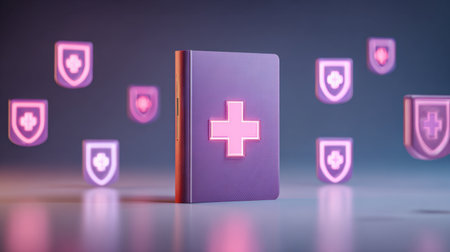 A vibrant and modern illustration of a glowing notebook with medical symbols, emphasizing healthcare innovation and safety in an engaging way.の素材