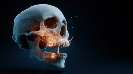 A captivating 3D render of a skull illuminated by floating particles and sparkles, set against a dark background, ideal for artistic and scientific uses.の素材