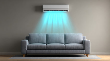 This image showcases a cozy modern living room featuring a stylish couch beneath an air conditioner emitting a soothing blue light. Ideal for home improvement themes.の素材