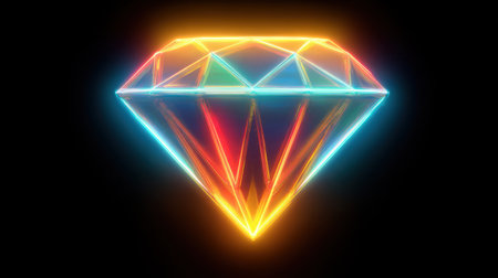A vibrant neon diamond shines in bright colors against a dark background, showcasing geometric patterns and creating a mesmerizing visual experience.の素材