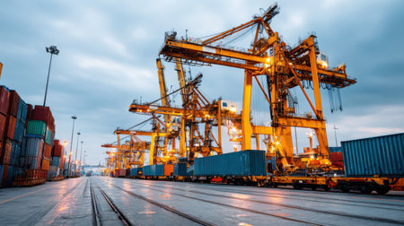 A dramatic industrial harbour scene featuring towering cranes and colorful shipping containers against a cloudy twilight sky, symbolizing global trade.の素材