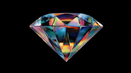 This image features a colorful iridescent diamond on a black background, showcasing vibrant reflections and intricate light play for a captivating visual effect.の素材