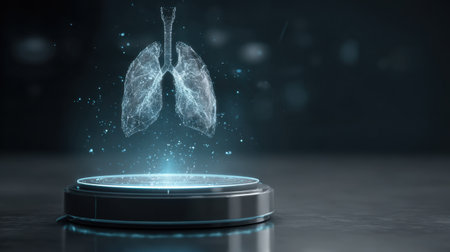 This image showcases a digital holographic representation of human lungs surrounded by sparkling effects, showcasing innovation in healthcare technology and science.の素材