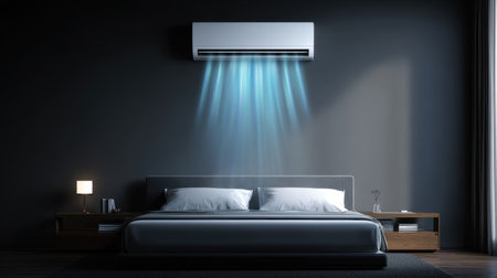 This modern bedroom features a sleek air conditioning unit that emits soothing cool air, creating a serene and stylish retreat for relaxation.の素材