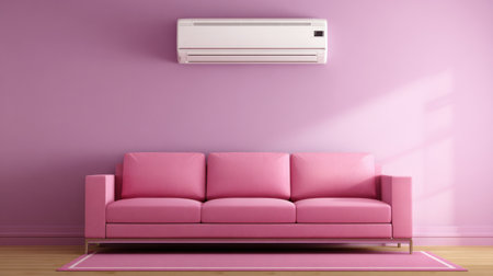 A stylish pink sofa positioned in a contemporary room featuring an air conditioning unit. The pastel wall creates a cozy and inviting atmosphere perfect for modern living.の素材