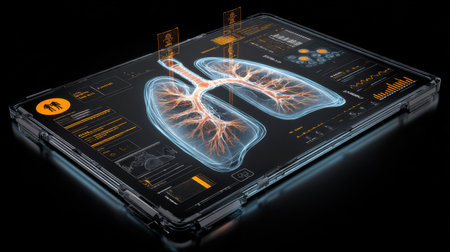 A striking digital illustration showcasing the human lungs with detailed health metrics and data visualizations. This image represents the intersection of healthcare and technology, highlighting innovations in medical data analysis and respiratory health monitoring.の素材