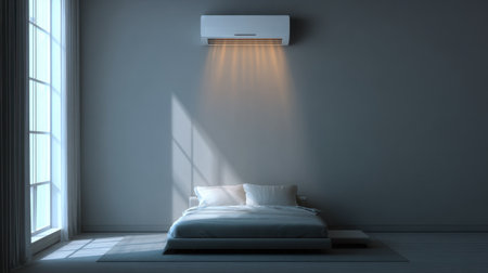 A serene minimalist bedroom featuring a sleek air conditioning unit, with sunlight streaming through large windows and casting elegant shadows.の素材