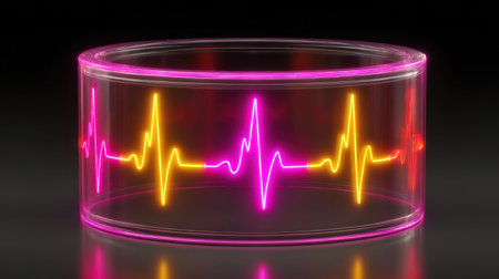 A vibrant illustration of a colorful neon pulse within a transparent cylinder. The artwork features glowing heart rate lines that capture energy and rhythm, reflected against a dark backdrop. Perfect for themes related to health, technology, and modern design.の素材