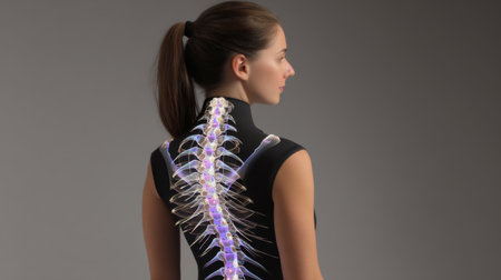 A stylish illustration of a human spine anatomy featuring a detailed depiction of vertebrae and nervous system viewed from behind a female model.の素材
