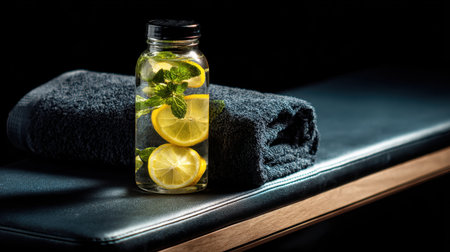 A captivating image of infused water featuring lemon and mint, showcasing a stylish glass jar on a soft towel, ideal for promoting health and hydration.の素材