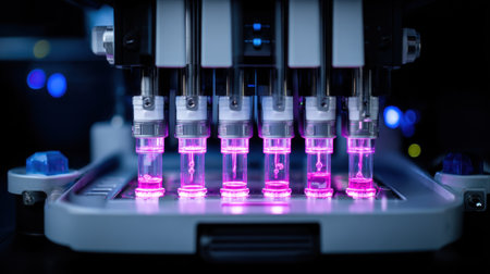 This image showcases advanced laboratory equipment designed for automated sample analysis, featuring colorful fluids in vials that highlight modern scientific processes.の素材