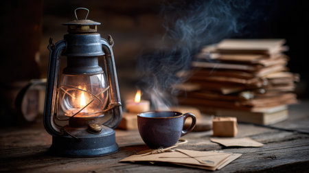 A vintage lantern illuminates a cozy setting with a steaming cup, scattered letters, and soft candlelight, creating a warm, inviting atmosphere perfect for relaxation.の素材