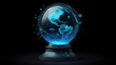 A stunning representation of a futuristic globe featuring North and South America illuminated in blue light. The digital interface enhances the design, creating a captivating visual.の素材