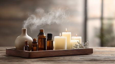 A serene arrangement featuring essential oils, candles, and dried flowers on a wooden tray, perfect for relaxation and self-care in a cozy home environment.の素材