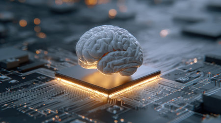 A creative representation of a human brain placed on a circuit board, symbolizing the relationship between neuroscience and modern technology in a futuristic style.の素材