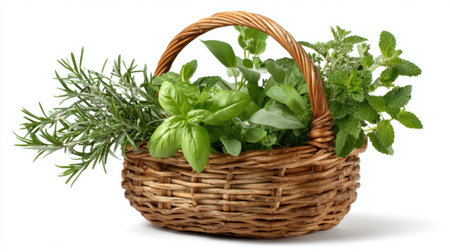 A woven basket filled with vivid greens, showcasing fresh herbs like basil, rosemary, and mint, perfect for enhancing dishes in a cozy kitchen.の素材