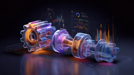 This image showcases a transparent 3D gear and shaft, highlighted by vibrant digital data visualization elements, representing innovation in technology and engineering.の素材