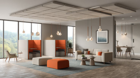 Stylish modern office interior featuring comfortable furniture and ample natural light, creating an inviting workspace for collaboration and productivity.の素材