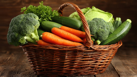 A rustic basket filled with fresh organic vegetables including broccoli, carrots, and zucchini, perfect for health-conscious cooking and meal prep.の素材