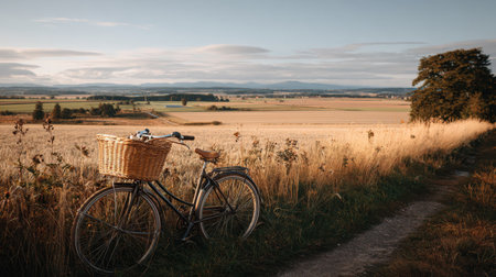 A vintage bicycle stands on a tranquil rural path, surrounded by golden fields and a clear sky, capturing a serene moment in nature's beauty.の素材