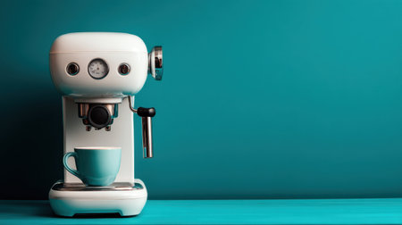 A sleek modern coffee machine stands on a countertop against a vibrant teal background. A fresh cup sits ready below, highlighting the stylish design for coffee lovers.の素材