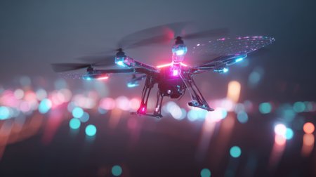 A stunning aerial view of a colorful drone flying through a night sky filled with vibrant bokeh lights, showcasing technology and innovation in action.の素材