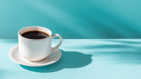 A minimalist scene featuring a white coffee cup filled with black coffee on a light blue surface, creating a calm and inviting atmosphere. Shadows play gently, enhancing the aesthetic appeal.の素材