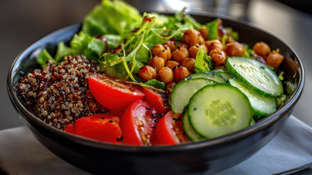 A beautiful salad bowl featuring an array of colorful ingredients including quinoa, chickpeas, cucumbers, and cherry tomatoes, perfect for healthy eating.の素材