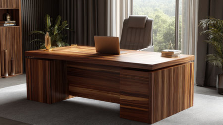 A modern wooden desk shines in a stylish office environment, illuminated by natural light. The design promotes productivity and comfort, with greenery to enhance the ambiance. Ideal for contemporary workspace inspiration.の素材