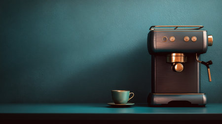 A striking espresso machine stands proudly on a vibrant turquoise surface, next to a delicate coffee cup, creating a warm and inviting ambiance.の素材