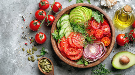 A vibrant and fresh vegetable salad featuring sliced tomatoes, cucumbers, onions, and avocado, beautifully arranged in a wooden bowl, perfect for healthy meals.の素材