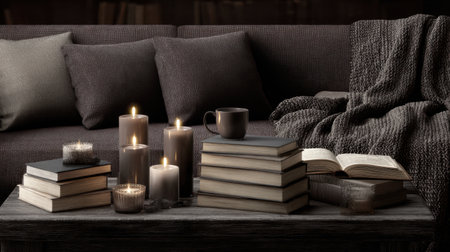A serene setting featuring a cozy reading nook with soft cushions, warm candles, and an inviting atmosphere perfect for relaxation and leisure.の素材