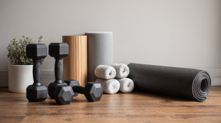 A stylish arrangement of home fitness equipment including dumbbells, a yoga mat, and foam rollers on a wooden floor. Ideal for promoting health and wellness.の素材