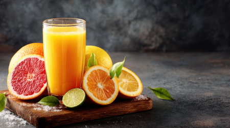 Discover a vibrant display of fresh citrus fruits including oranges, grapefruits, and limes arranged around a refreshing glass of juice, perfect for any occasion.の素材
