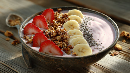 A vibrant yogurt bowl featuring fresh strawberries, sliced bananas, crunchy granola, and chia seeds arranged beautifully on a rustic wooden surface.の素材