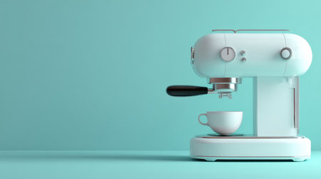 A sleek modern espresso machine sits on a vibrant turquoise surface, ready to brew aromatic coffee. The clean design enhances the kitchen aesthetic, perfect for coffee enthusiasts.の素材